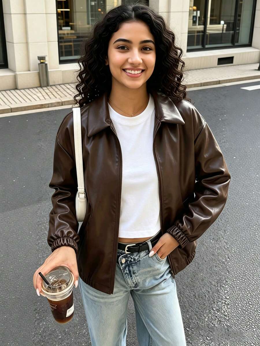 SHEIN Tween Girls Streetwear Solid Color PU Leather Loose Fit Jacket, Back To School Fall - Brown - View 1