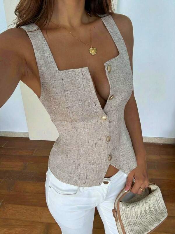 DAZY Top sin mangas de cuello cuadrado de unicolor para mujer, elegante para vacaciones de verano y escuela