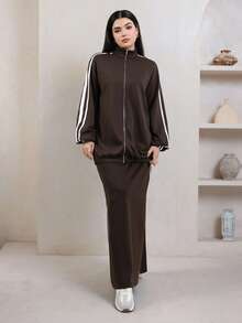Veilorie Women's Striped Color-Block Zipper Hoodie And Long Skirt Arabic Outfit Set - Brown - View 3