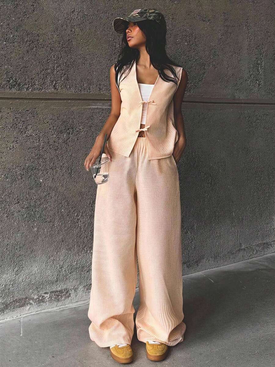 SHEIN 少女春夏条纹浅蓝色修身套装,两件套,亲子装 - 黃色 - 查看 1