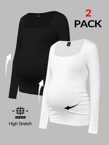 Modmama 2pcs Pregnant Women Skinny Long Sleeve Square Neck Casual T-Shirt Set, For Maternity Fall - Black and White - View 7