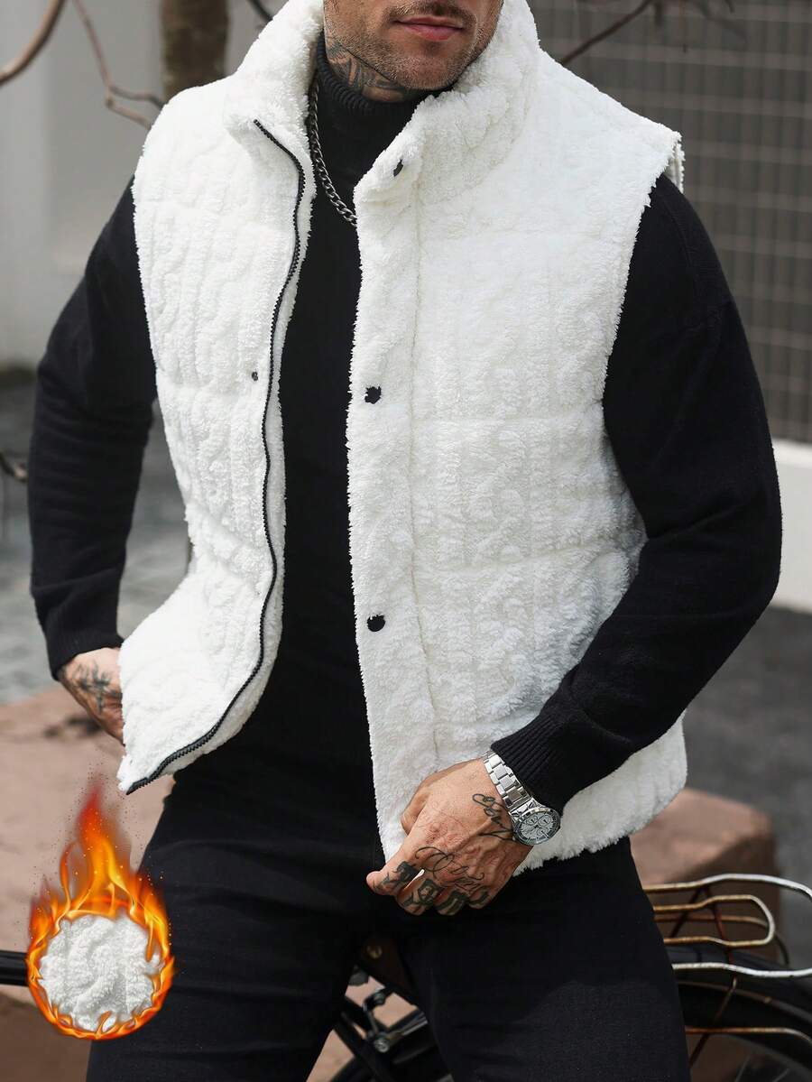Manfinity CasualCool 男士淺米色冬季休閒輕量棉質背心,保暖無袖棉質外套,男士戶外毛茸茸背心,秋季 - 白色 - 查看 1