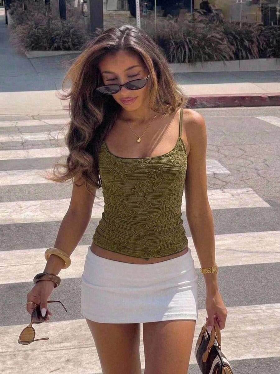 Aloruh Women's New Daily Street Style Sexy Lace & Sequin Patchwork Camisole Tank Top - Olive Green - View 1
