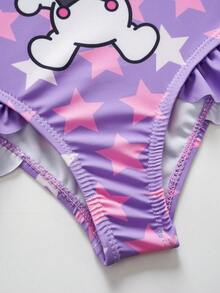 HELLO KITTY AND FRIENDS | SHEIN Baju Renang Terusan Motif Kartun Huruf untuk Anak Perempuan, Cocok untuk Liburan Pantai, Pesta Kolam Renang, Pesta Pantai - Mauve Purple - View 3