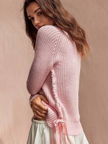 Willow Rêve Women's Baby Pink Rib-Knit Long Sweater Top With Turtleneck, Long Sleeves And Ribbon Side Ties, Cute Autumn Everyday Date Night Style,Cute Tops - Baby Pink - View 7
