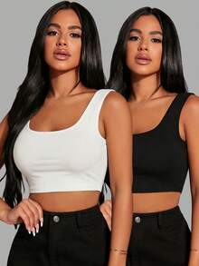 SHEIN SXY 2件裝黑白基礎款短版方領細肩帶背心上衣 - 黑與白 - 查看 3