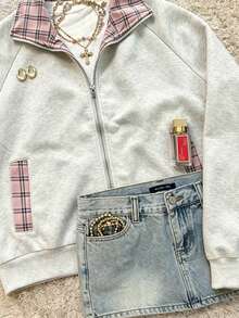IslaSuriya Sweet Cool Colorblock Pink Plaid Patchwork Grey Sweatshirt - Grey - View 3