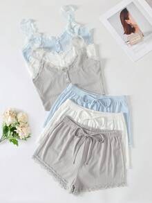 Lullawish 3 件套女士甜美纯色蕾丝蝴蝶结睡衣套装休闲套装 - 彩色 - 查看 3