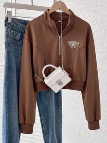Lalippa Women's Half-Zip Casual Versatile Daily Long Sleeve Sweatshirt - Brown - View 4