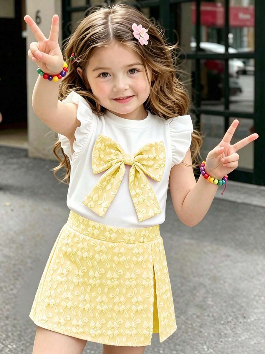 SHEIN 6-9M-2-3Y 嬰兒女童兩件套,甜美藍色花卉提花布料蝴蝶結裝飾荷葉袖圓領上衣 & 鬆緊腰藍色開衩下擺短褲,適合日常穿著、派對及其他場合 - 黃色 - 查看 1