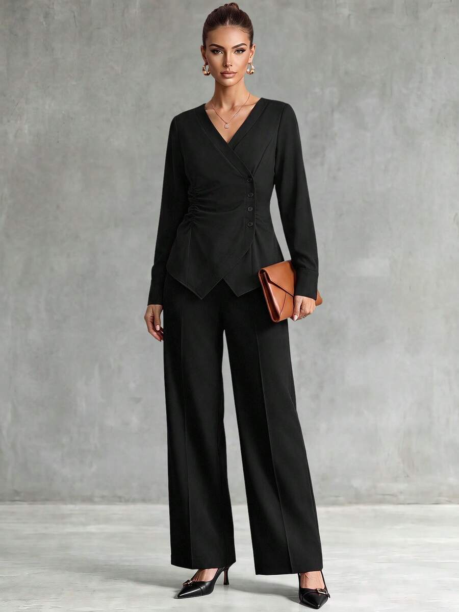 Franclia Women's Elegant Commuter Solid Color Ruched Waist Wrap Shirt - Black - View 1