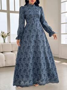 Modelyn 法式立領花瓣袖鏤空刺繡設計洋裝，藍色碎花，適合早午餐與度假，秋季優雅復古風 - 藏蓝色 - 查看 6