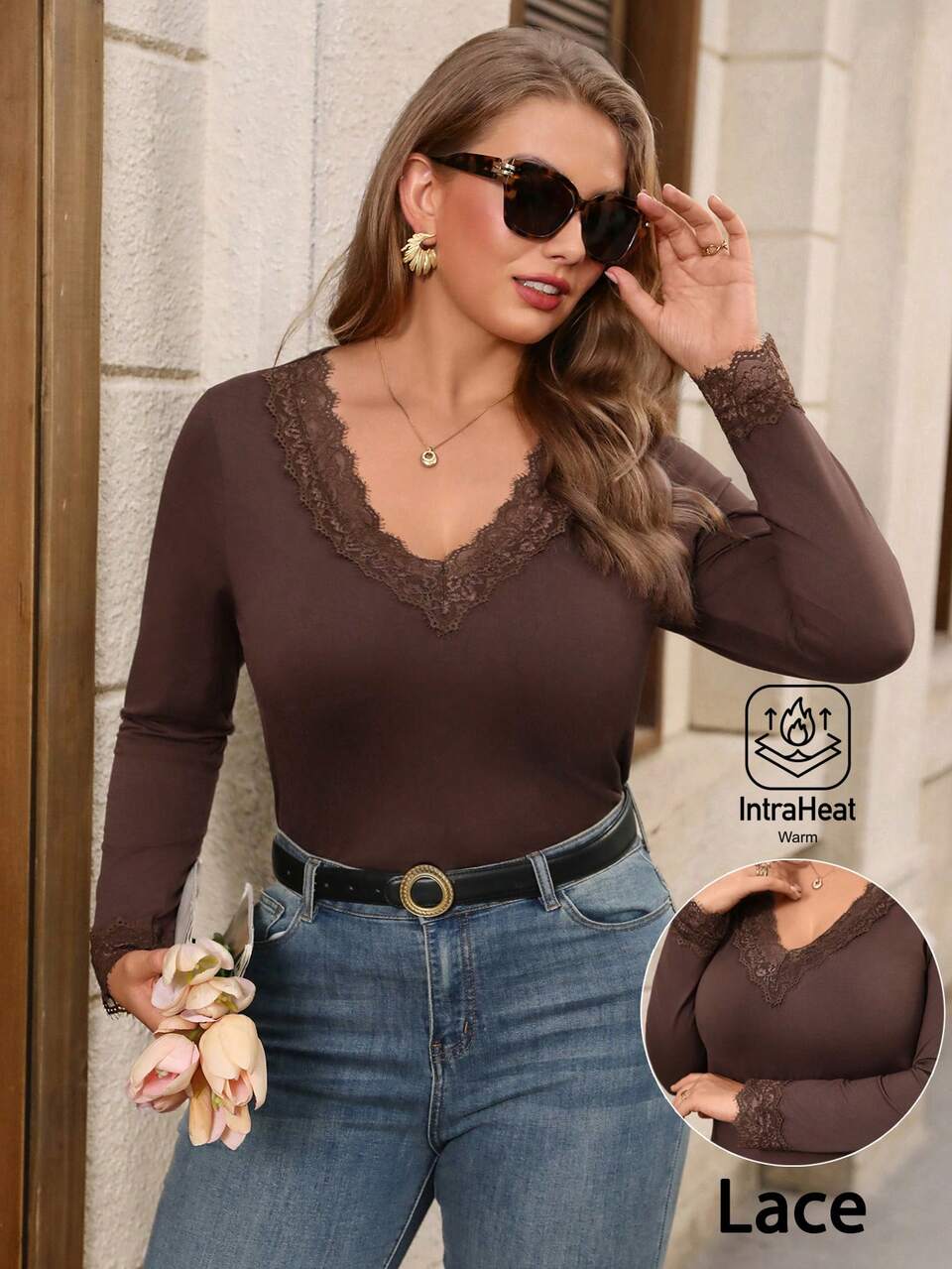Plus Size Women's Autumn/Winter Casual Elegant Fashion Commuter Solid Brown Lace Patchwork T-Shirt Top,Daily Wear Fall,Warm,Base Layer,Going Out
