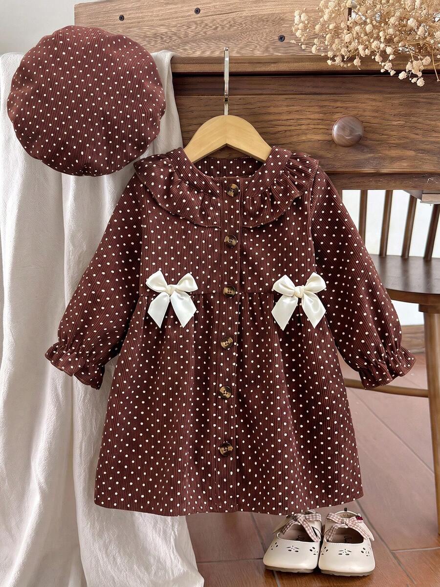 SHEIN Playful Pals 女嬰棕色羅紋波點印花大荷葉邊長袖收腰洋裝,杏色蝴蝶結裝飾,附配套貝雷帽,休閒時尚兒童初秋洋裝 - 咖啡棕 - 查看 1