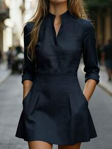 SHEIN Gaun Mini Lengan Panjang Leher V Berpotongan Polos untuk Wanita - Navy Blue - View 1