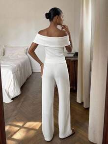 Livesso 2pcs/Set Off-White Ribbed Knit Open Shoulder Short Sleeve Fitted Top With Drawstring Wide Leg Long Pants Autumn Brunch Lounge Casual - White - View 2