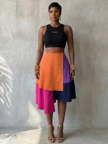 BamGlimmer Plus Size Women's Colorblock Casual Versatile Daily Wear Skirt - Multicolor - View 8