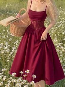 Skyraze Ruffled Lace Waistband Vintage Elegant Spaghetti Strap Burgundy Midi Dress Date Night Summer,Women Festival Outfits ,Party,Dresses For Holiday - Burgundy - View 3