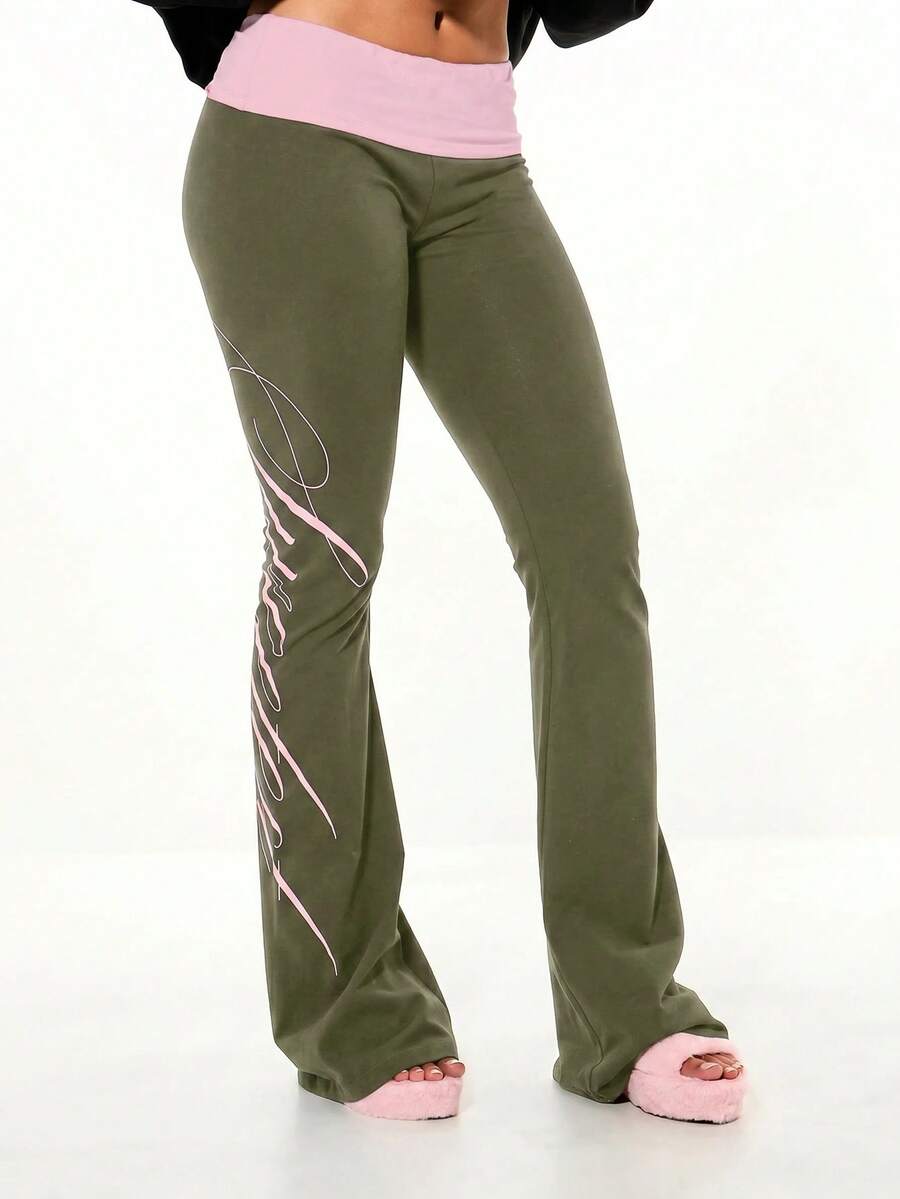 SUMWON WOMEN Flared Fold-Over Waistband Flare Pants With Cursive Script Graphic Detail, Y2K Style, Low Rise - Khaki - View 1