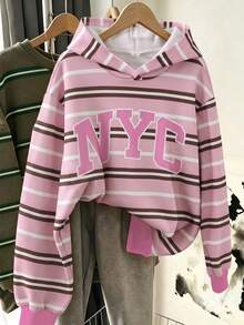 女童圓領粉色與棕色拼接字母NYC休閒日常返校抓絨內裡連帽衛衣，百搭校園風，適合春、秋、冬 - 彩色 - 查看 3