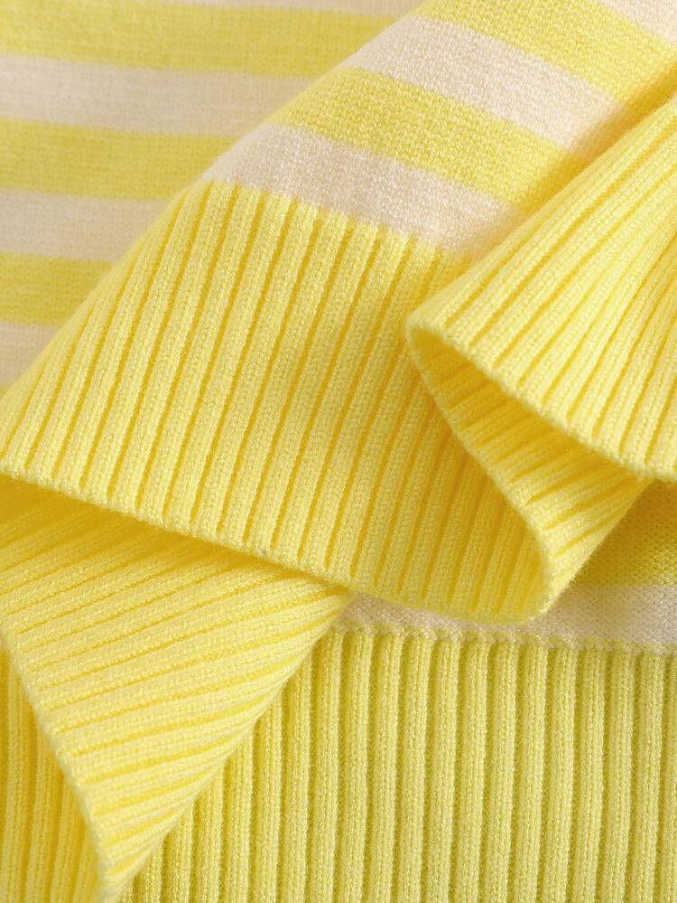 SHEIN Tween Girls' 2025 Autumn Winter New Sweaters, Pink Striped Knitted Pullover, Crew Neck & Long-Sleeve Design, Soft Loose Versatile Elegant Style, Cute Gentle Stylish Sweater Top, Easy To Match With Jeans/Skirts , Suitable For Daily Wear, Outings & Outdoor Travel - Yellow - View 6