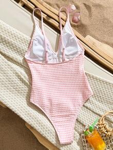 Swim Mod Women's Spaghetti Strap V-Neck Plaid Special Fabric Vacation Sexy High Leg One-Piece Swimsuit - Pink - View 5
