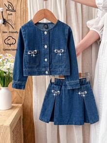 Girls' Autumn/Spring Denim 2-Piece Set, Baby Blue Washed Denim Jacket With Pockets, Rhinestone Bow, High-Waist A-Line Skirt, Pleated Design, School - Blue - View 10