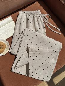 Comfortcana Plus Size Women's Polka Dot Pattern Waist Tie Casual Long Pants - Apricot - View 6