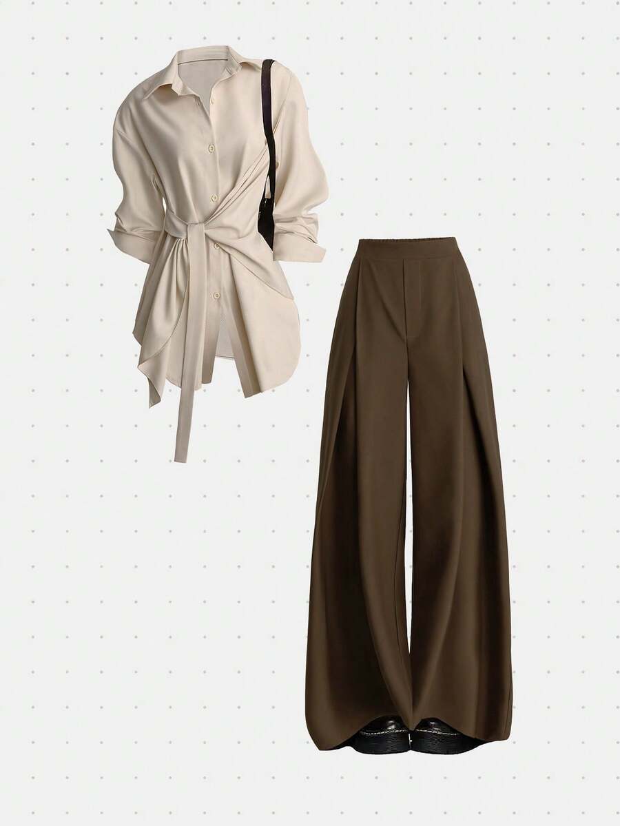 GlowEve Setelan Kasual 2 Potong Wanita Lengan Panjang Warna Polos dengan Ikat Pinggang dan Celana Lipit - Khaki - View 1
