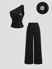 Sweetra New Office Commute Design Asymmetric Shoulder Fitted Top With Metal Buckle Decor And High Waist Wide Leg Pants 2 Pieces Set, Slimming Old Money Style Professional Outfit - Black - View 1