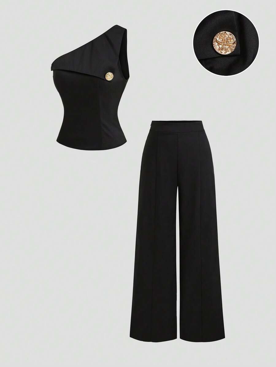 Sweetra New Office Commute Design Asymmetric Shoulder Fitted Top With Metal Buckle Decor And High Waist Wide Leg Pants 2 Pieces Set, Slimming Old Money Style Professional Outfit - Black - View 1