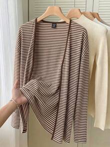 GlowEve CURVE Jaket Wanita Ukuran Besar Kasual Gaya Barat Serbaguna Lengan Panjang Bergaris untuk Pakaian Sehari-hari Musim Gugur, Bisnis, Liburan, Cokelat - Coklat - View 1