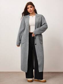 Enliva Plus Size Women Solid Color Lapel NeckLong Sleeve Long Loose Knit Cardigan Winter - Grey - View 3