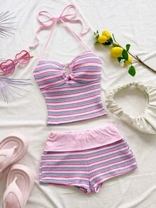 SHEIN Tween Girl Striped Colorblock Halter Tie Top And Shorts Casual Daily Set - Pink - View 4