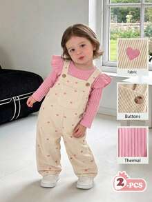 SHEIN Vintaside Kids 女嬰燈芯絨吊帶褲套裝，加厚保暖愛心刺繡吊帶褲 + 保暖磨毛針織內搭，2件套，新款可愛女嬰服飾 - 杏色 - 查看 3
