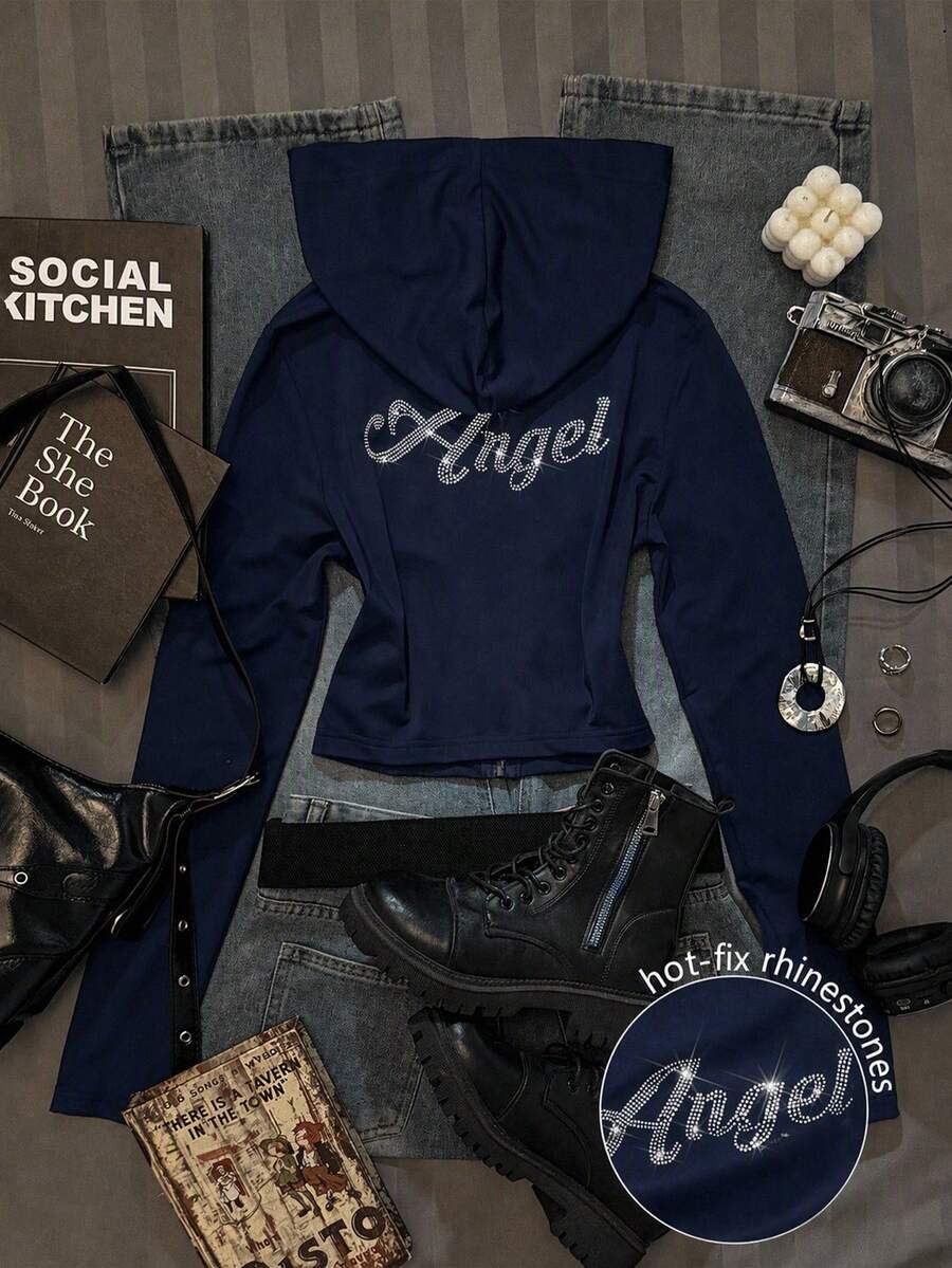 SHEIN EZwear Women's Casual Minimalist Angel Rhinestone Slogan Print Pattern Navy Blue Slim Fit Hooded T-Shirt Autumn - Navy Blue - View 1