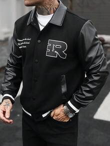 Manfinity CasualCool 男士純色拼接前開扣長袖字母印花休閒棒球夾克，隊服夾克 - 黑色 - 查看 3