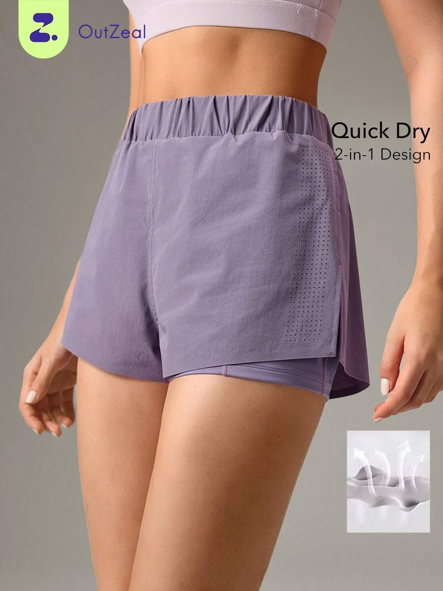 OutZeal Celana Pendek Wanita untuk Aktivitas Luar Ruangan, Warna Polos, Musim Panas, Lari, Mendaki, Berkemah, Desain 2-in-1, Celana Pendek Terintegrasi - Purple - View 1