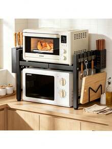 1pc Adjustable Heavy Duty Carbon Steel Kitchen Storage Rack, Expandable Microwave Stand, Multi-Functional Countertop Organizer, Space-Saving Cabinet And Sink Top Shelf, Suitable For Cookware, Small Appliances And Home Storage - Multicolor - View 4