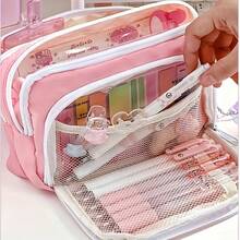 1pc Double Layer Colored Pencil Box Pencil Case Double Layer Front Open Pocket Storage Bag 22cm*13.5cm Suitable For Office And School, Decorations,Pink,School Stuff. - 1pc - View 3