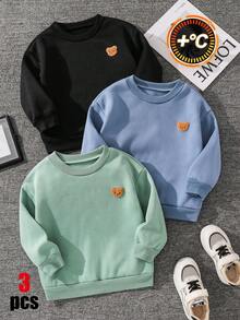 SHEIN 兒童 3件組 小男孩可愛休閒熊刺繡貼布圓領衛衣 - 彩色 - 查看 2