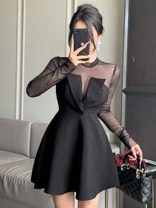 Dazy Tall Women's Round Neck Mesh Patchwork Waist-Cinched Elegant Short Dress Fall - Black - View 2