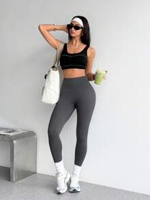 SHEIN Dewbera 女款純色高腰休閒百搭日常旅行運動緊身內搭褲 - 灰色 - 查看 6