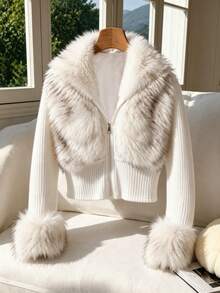 Autumn/Winter Girls' Stylish Fur Patchwork Jacket, Big Tween Girl' Gentle Ribbed Waist-Cinched Short Jacket, Large Raccoon Fur Zipper Top, Tween GirlsSnug Fit Thickened Fleece Cuff Versatile Sweet Winter Top - White - View 5