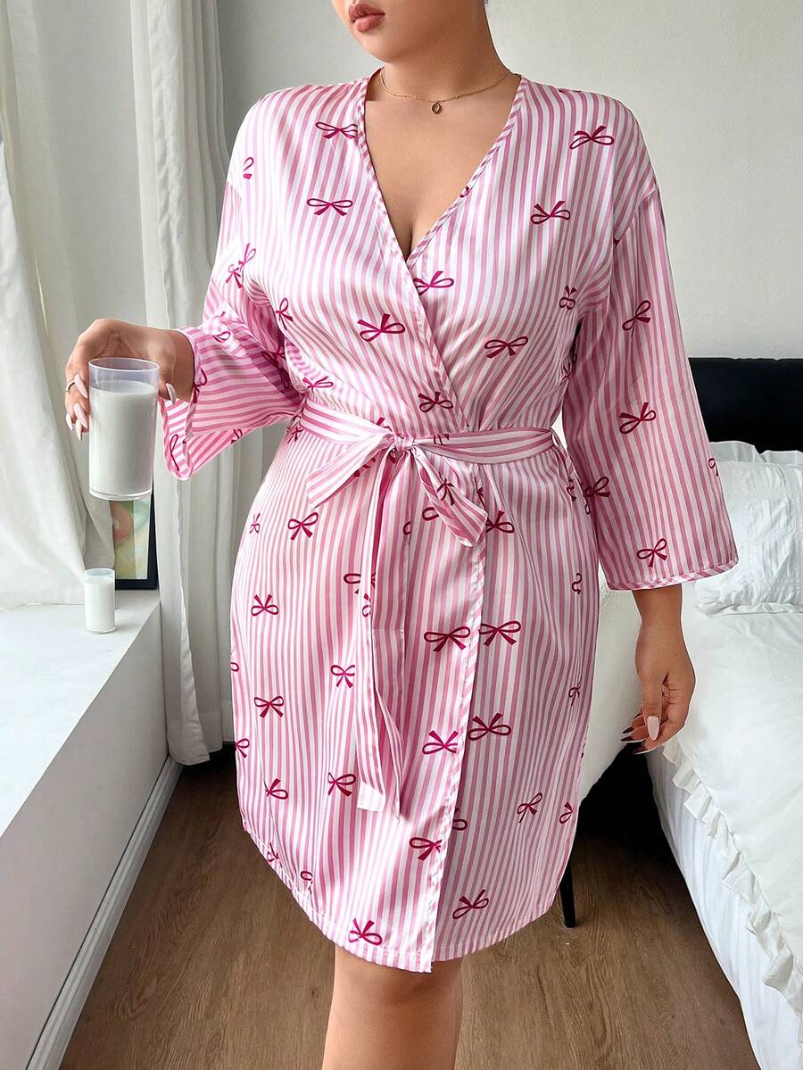 Napfluff CURVE Napfluff CURVE Bowknot Striped Print Faux Silk Minimalist Plus Size Nightgown - Pink - View 1