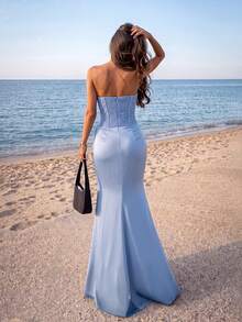 Aloruh Elegant Lace Patchwork Satin Bandeau Maxi Dress,See-Through Bust,Ruched Waist,Fishtail Hem,Formal Gala,Wedding,Birthday Party & Graduation Gown Fall - Blue - View 4