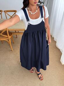 Enliva Plus Size Women's Solid Color Pleated Loose Fit Spaghetti Strap Dress - Navy Blue - View 8