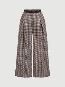 SHEIN MOD Plus Size Autumn/Winter Houndstooth Pleated Wide Leg Pants, Casual Collegiate Style, Daily Commute Outfit, Old Money Aesthetic, Modern Chic - Brown - View 1