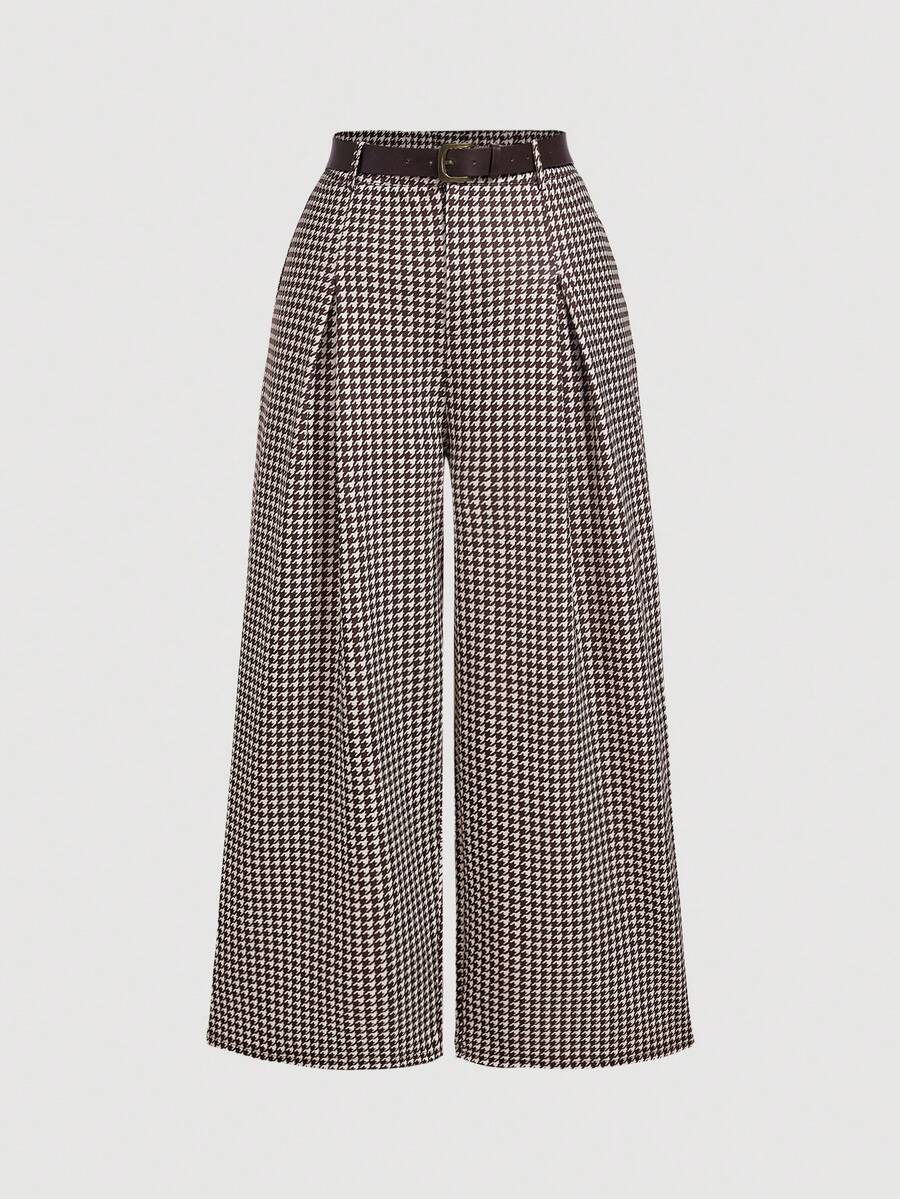 SHEIN MOD Plus Size Autumn/Winter Houndstooth Pleated Wide Leg Pants, Casual Collegiate Style, Daily Commute Outfit, Old Money Aesthetic, Modern Chic - Brown - View 1