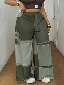 Maweii 夏季拼色編織數位拼接休閒寬鬆直筒工裝褲 秋季 - 橄欖綠 - 查看 1
